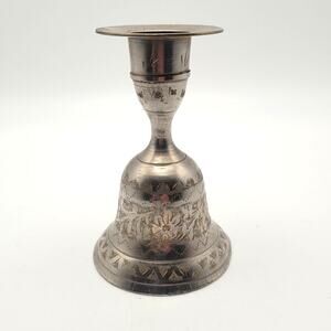 Vintage Bell Service Etched Metal Bell & Candlestick Holder Silver Patina Decor
